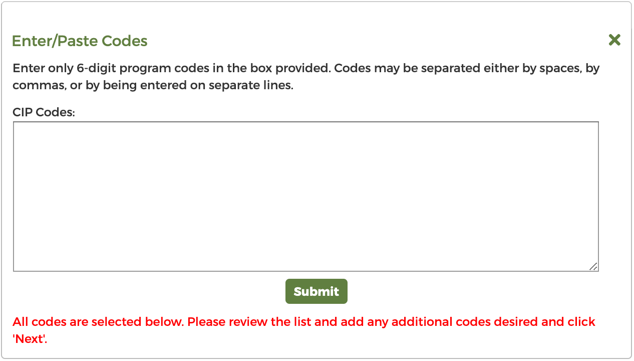 A screenshot of CIP Wizard paste message all codes selected.